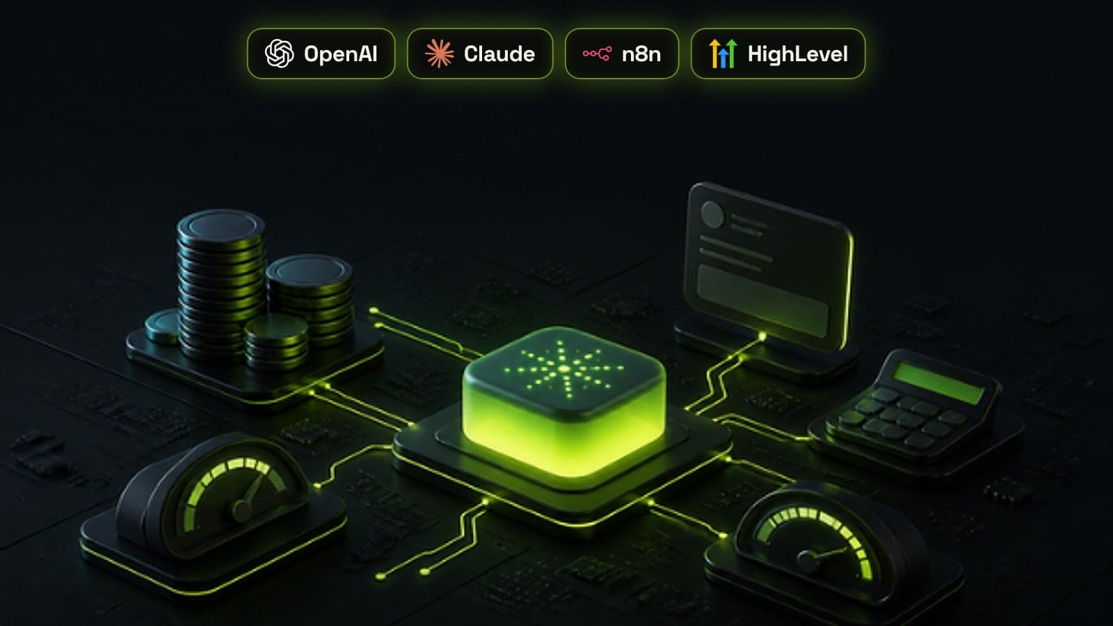 Isometric glowing AI agent core on a dark board, connected to coin stacks, a monthly invoice and usage meters in lime light, with OpenAI, Claude, n8n and HighLevel badges