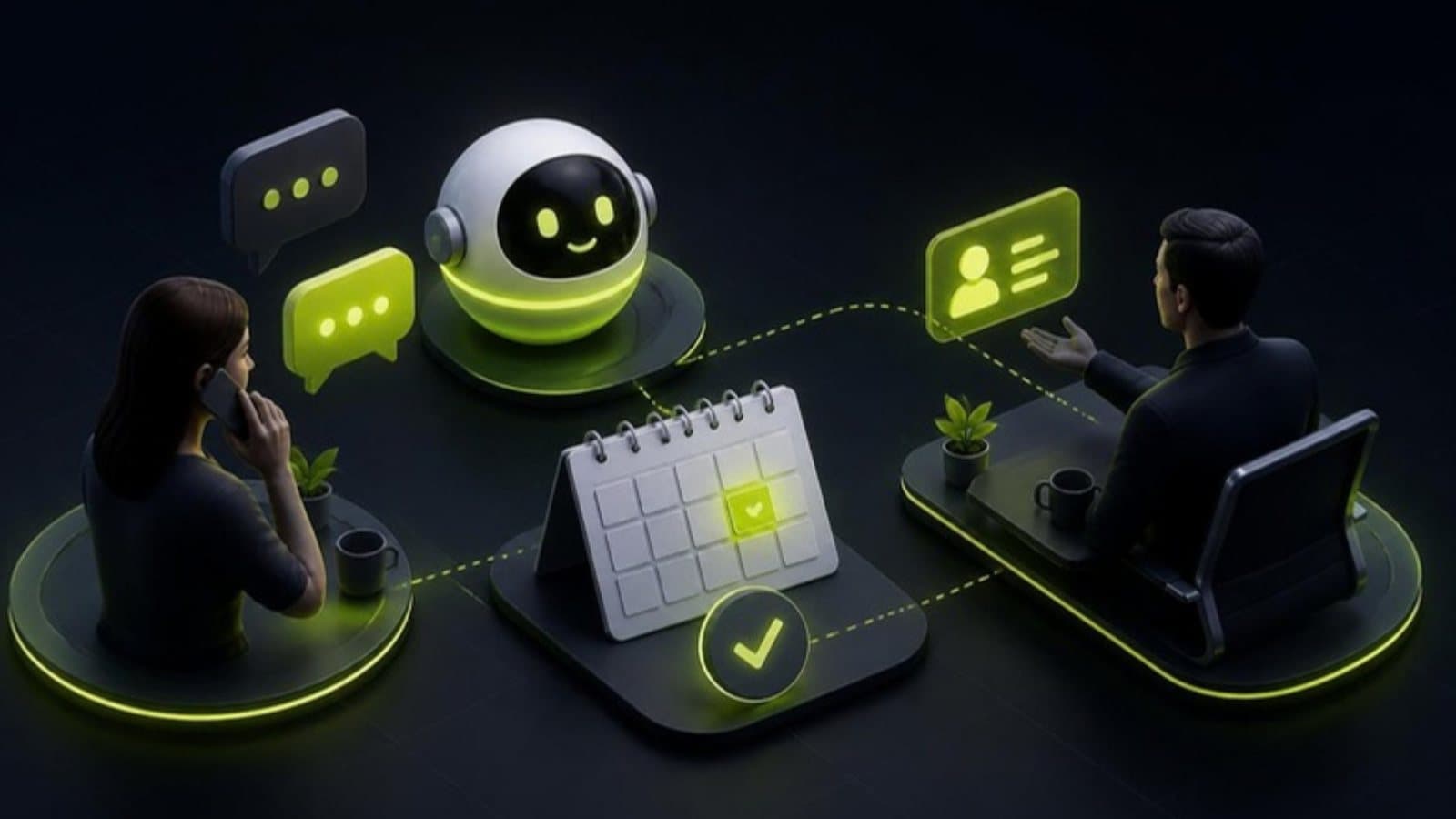 AI agent robot answering a prospect's messages, booking a call in a calendar and handing the qualified lead to a sales rep