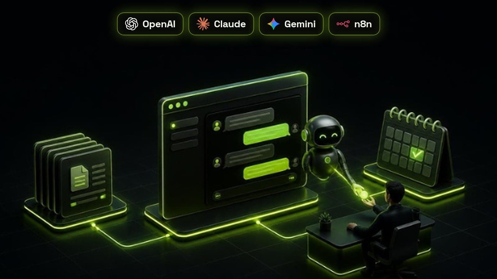Isometric website chat window answering from a glowing knowledge base, booking a call and handing over to a person, with OpenAI, Claude, Gemini and n8n badges