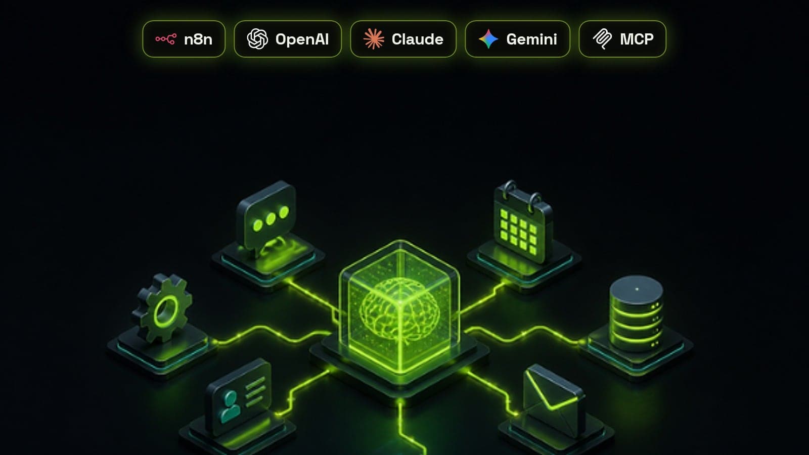 Isometric glowing AI agent core linked by lime workflow lines to chat, calendar, database, email and CRM nodes, with n8n, OpenAI, Claude, Gemini and MCP badges