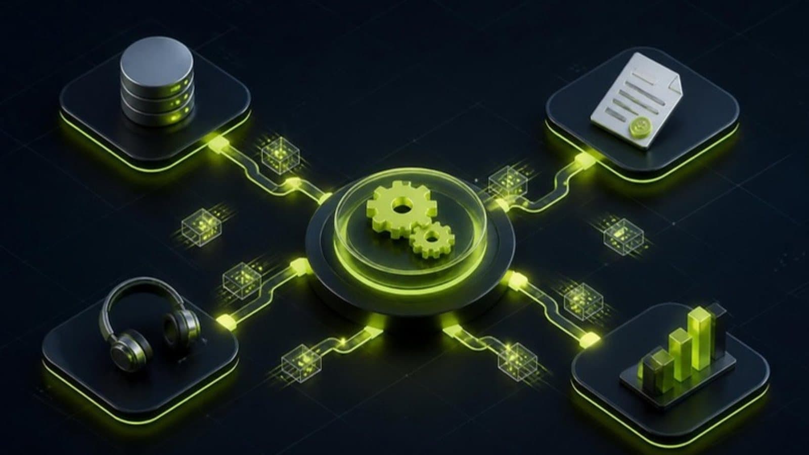 n8n workflow hub connecting a CRM database to invoicing, support and reporting tools