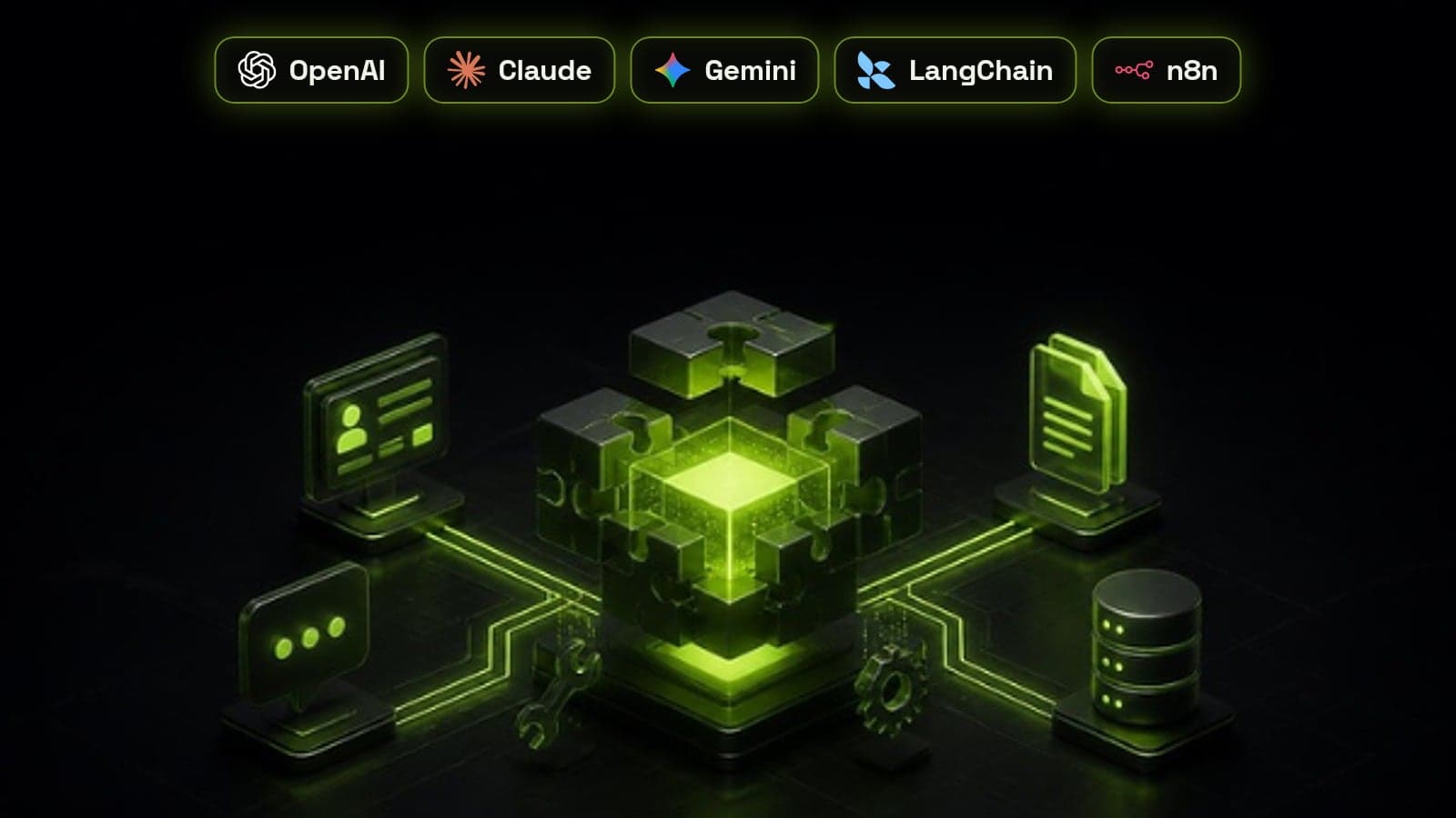Isometric AI core assembled from modular blocks and wired to CRM, chat, document and database panels, with OpenAI, Claude, Gemini, LangChain and n8n badges