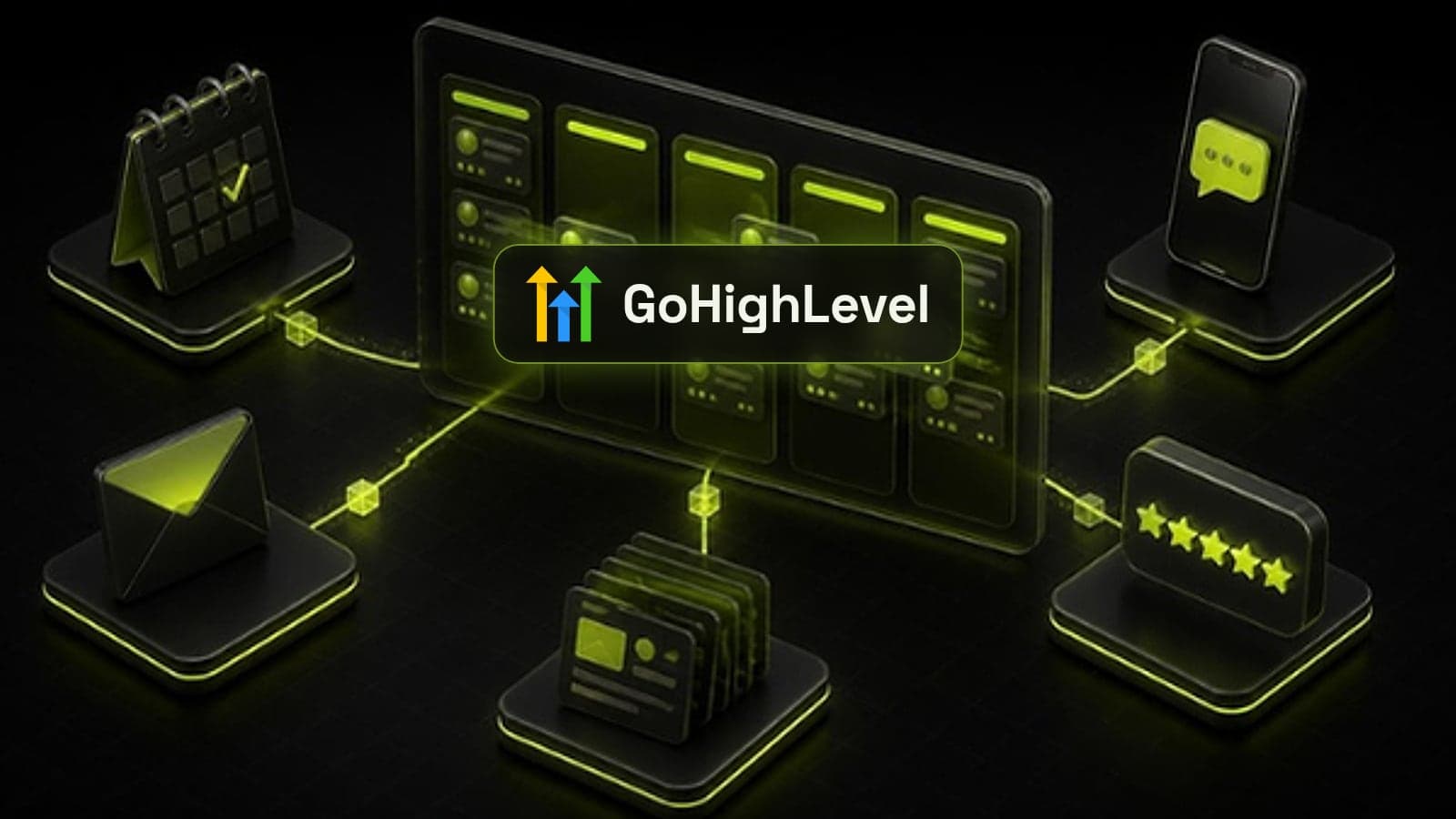 GoHighLevel logo over an isometric CRM pipeline board connected to calendar, email, SMS, content and review tiles