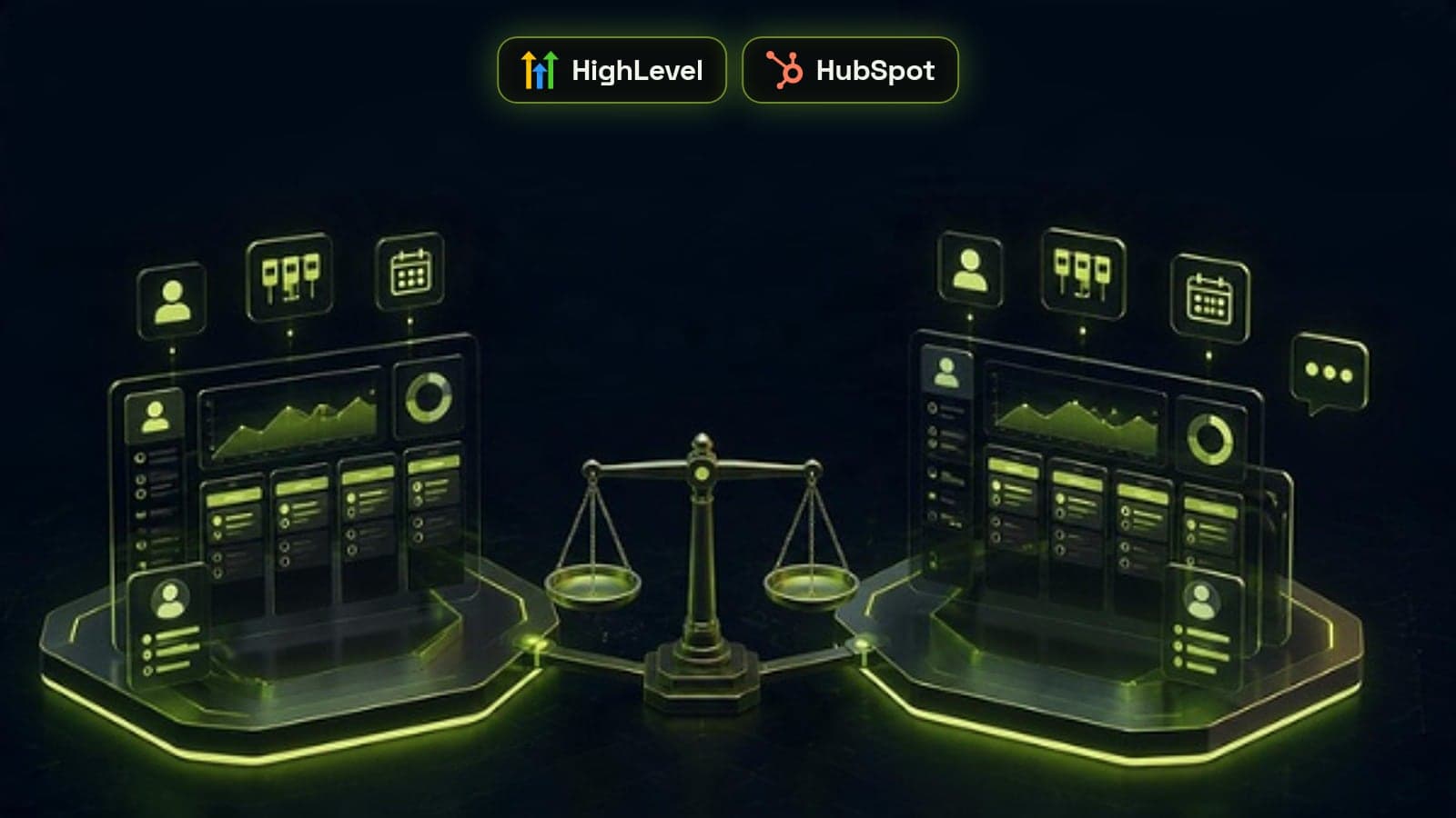 Isometric split scene comparing two CRM dashboards on glowing platforms with a balance scale between them, with HighLevel and HubSpot badges