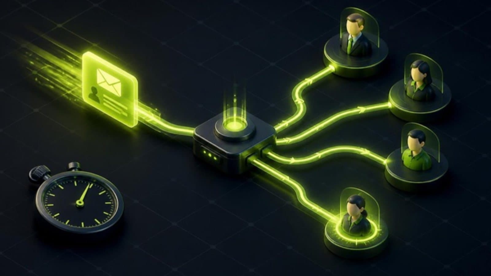 New enquiry routed through a central hub to the right sales rep in seconds, with a stopwatch showing speed to lead