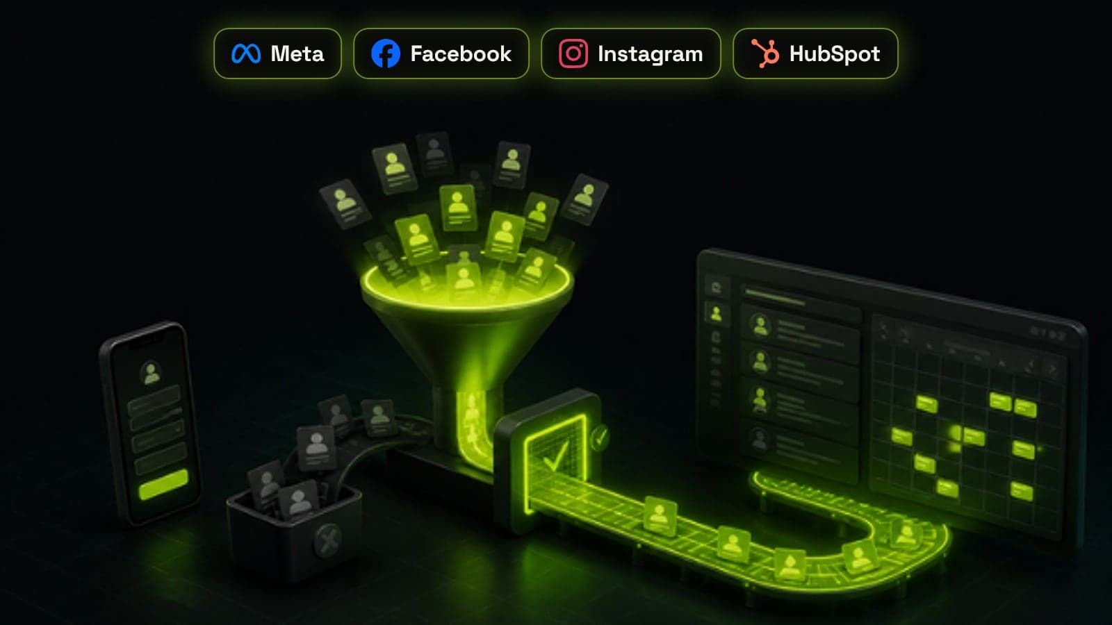 Isometric glowing lead funnel filtering contact cards through a lime checkpoint, rejecting junk leads and passing qualified ones to a CRM, with Meta, Facebook, Instagram and HubSpot badges