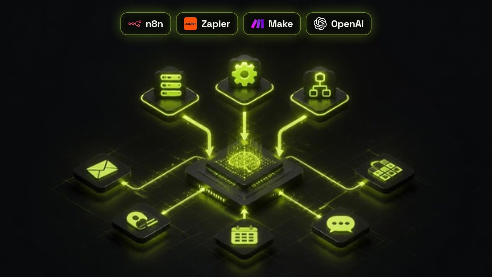n8n, Zapier, Make and OpenAI logos above an isometric automation board linking an AI core to email, CRM, calendar, chat and spreadsheet tiles