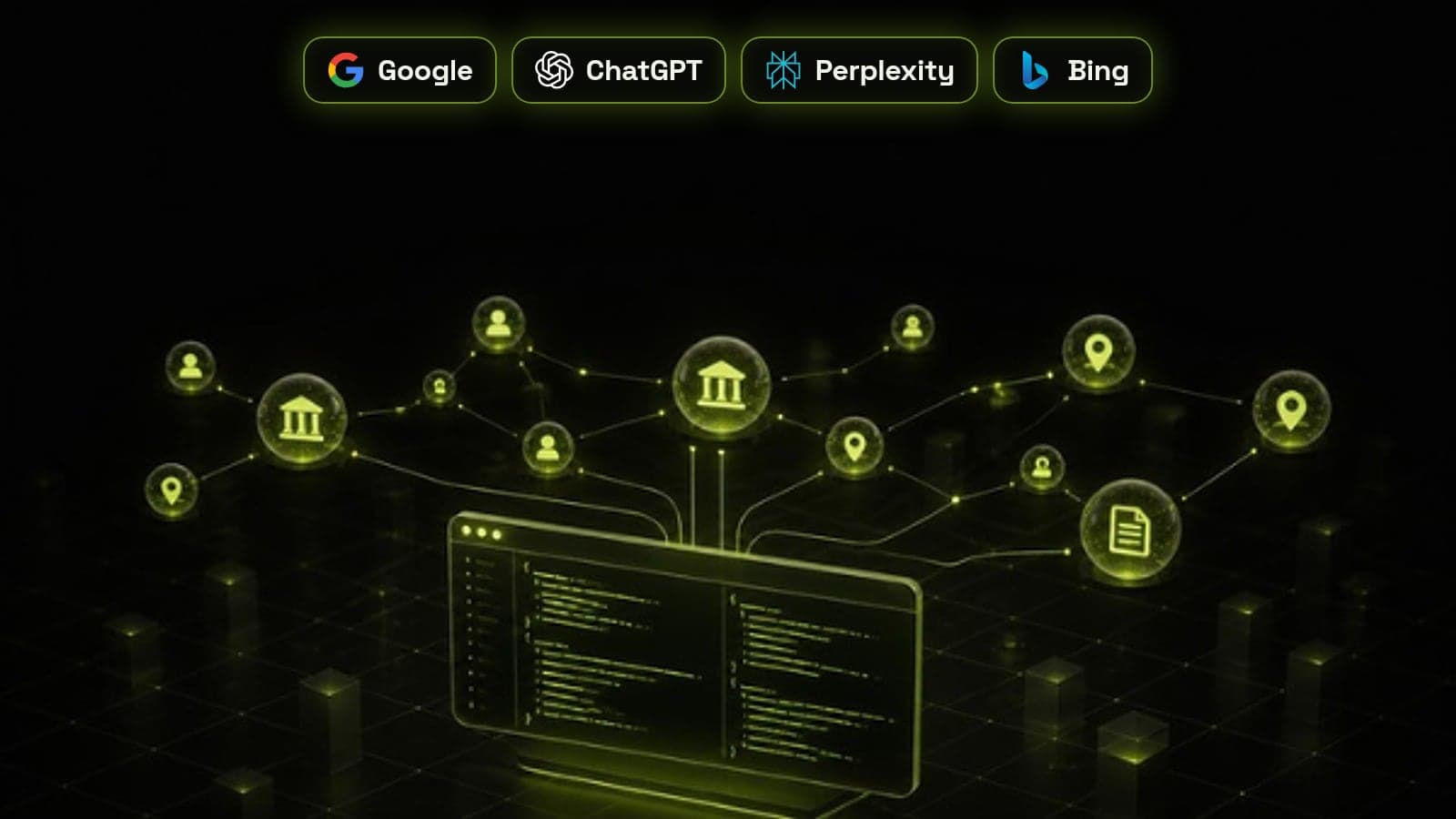 Isometric web page with glowing JSON-LD code blocks feeding a knowledge graph of linked entity nodes, with Google, ChatGPT, Perplexity and Bing badges