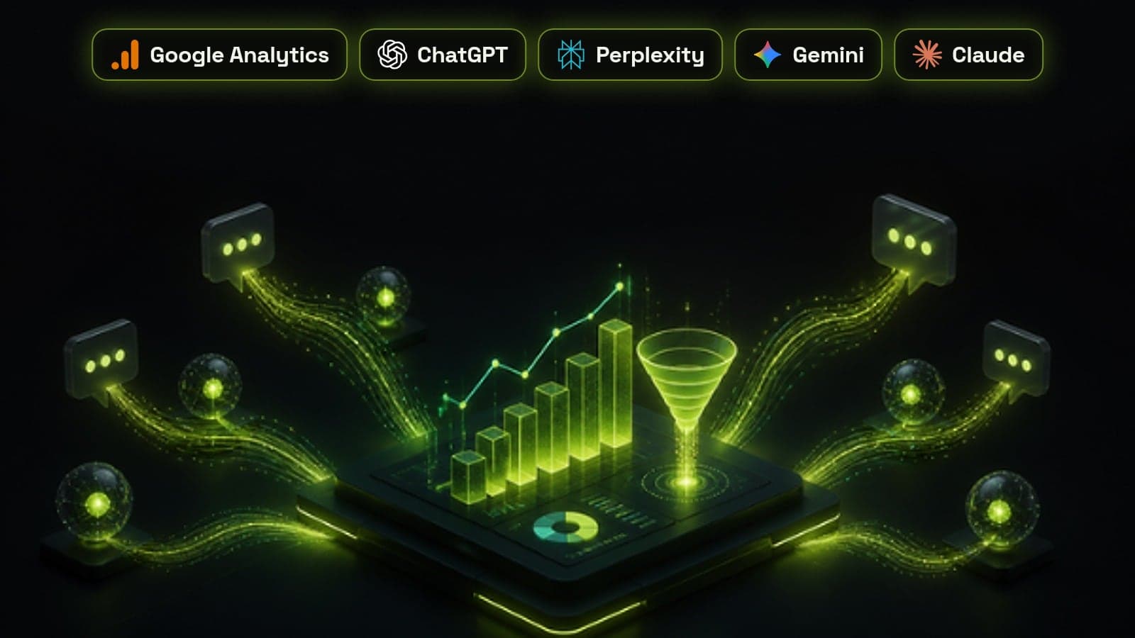 Isometric analytics dashboard with glowing charts and traffic streams flowing in from AI assistants, with Google Analytics, ChatGPT, Perplexity, Gemini and Claude badges